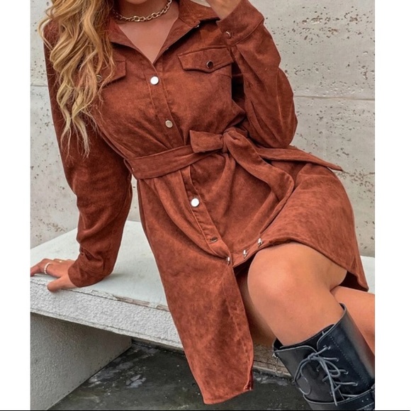 Corduroy belted button down skirt dress - Picture 6 of 7